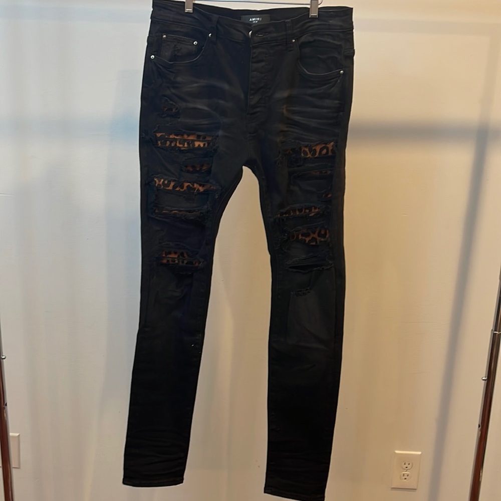 AMIRI Distressed Leopard Thrasher Jean Aged Black
